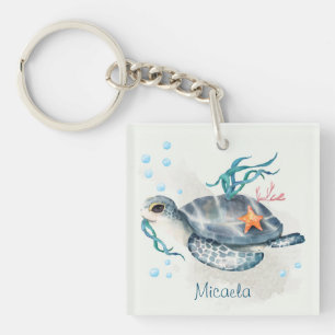 Llavero Escena del océano de la tortuga azul gris con mono