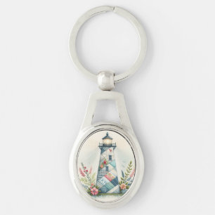 Llavero Escena floral costera del faro de patchwork