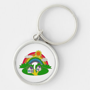 Llavero Escena rural personalizado con arcoiris y casa de