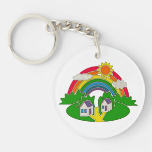 Llavero Escena rural personalizado con arcoiris y casa de 