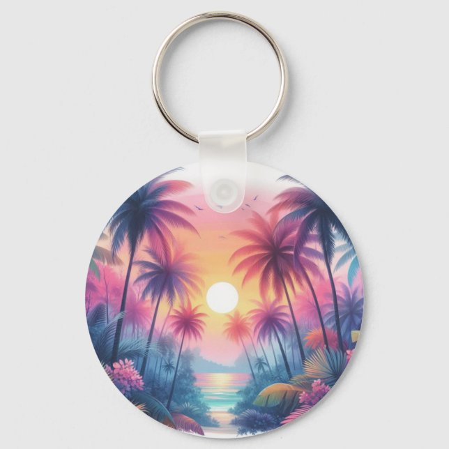Llavero Escenario De Playa Tropical Con Atardecer Rosa (Anverso)