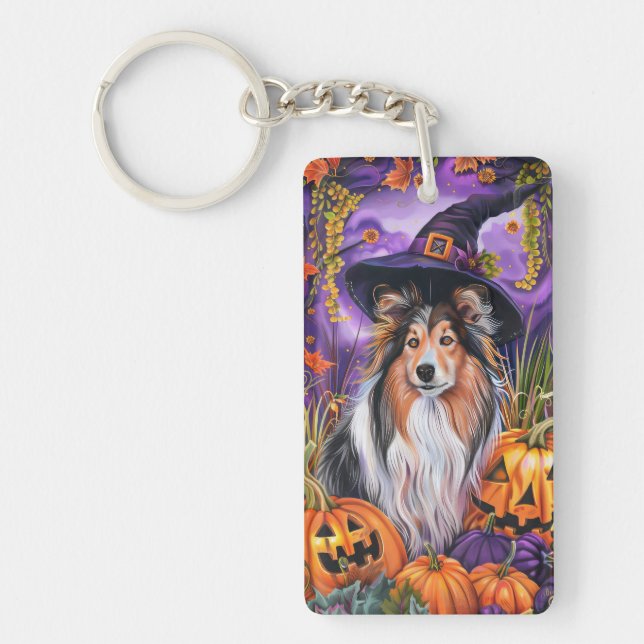 Llavero Espeluznante Shetland Sheepdog Halloween Witch Pum (Frente)