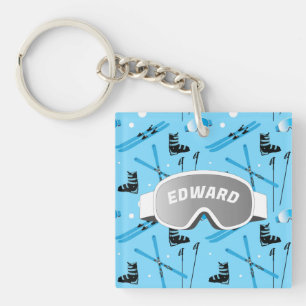 Llavero Esquiador Esquí Personalizado Tema Azul