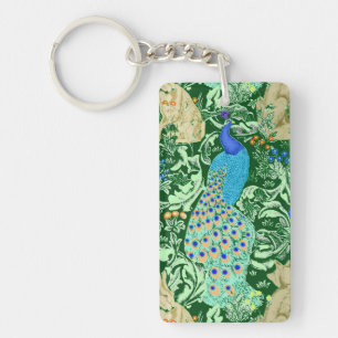 Llavero Estampa de pavo real Art Nouveau, azul cobalto y v