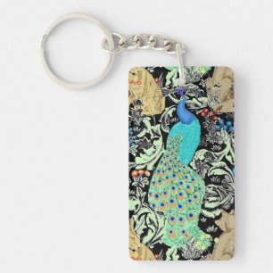 Llavero Estampa de pavo real Art Nouveau, turquesa y neutr