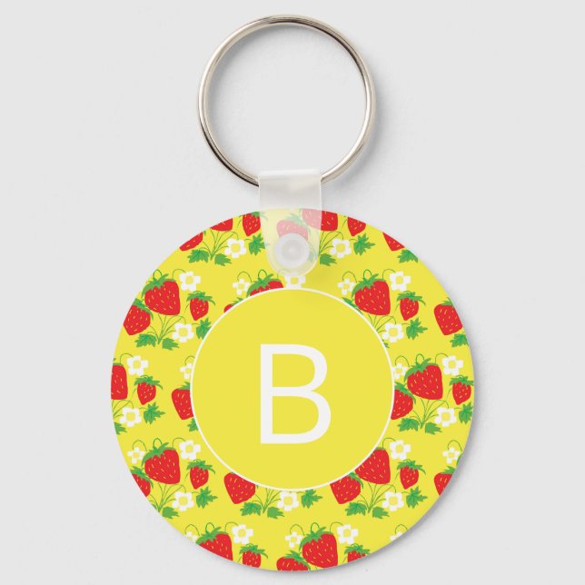 Llavero Estampado Amarillo de Fresa y Flor Monogramado (Anverso)