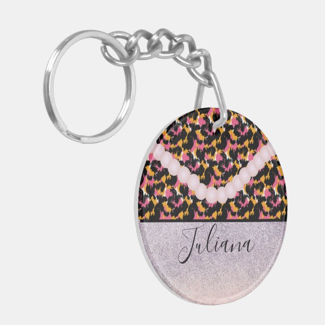 Llavero Estampado Animal de Guepardo Rosa Perla (Frente Izquierda)