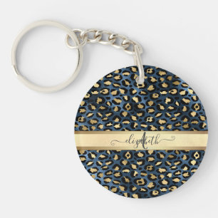 Llavero Estampado de Leopardo Azul Monograma Dorado