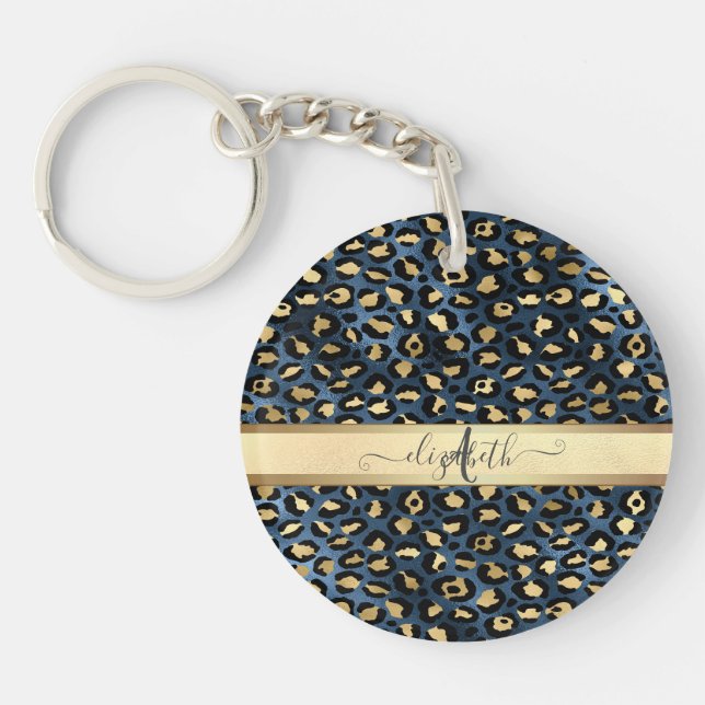 Llavero Estampado de Leopardo Azul Monograma Dorado (Frente)