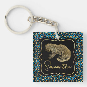 Llavero Estampado de leopardo dorado y leopardo azul