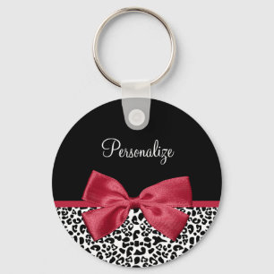 Llavero Estampado de leopardo femenino con cinta roja bril
