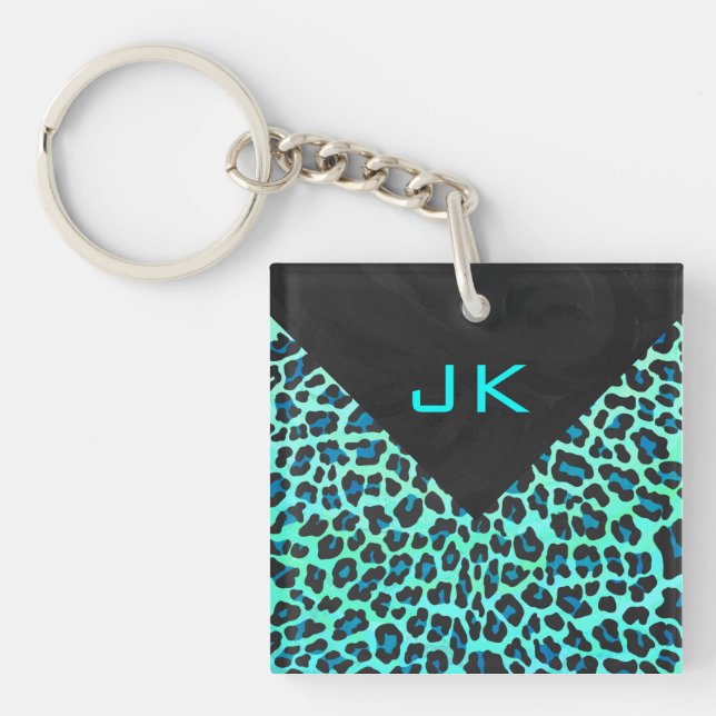 Llavero Estampado de Leopardo Negro y Azul Turquesa (Frente)