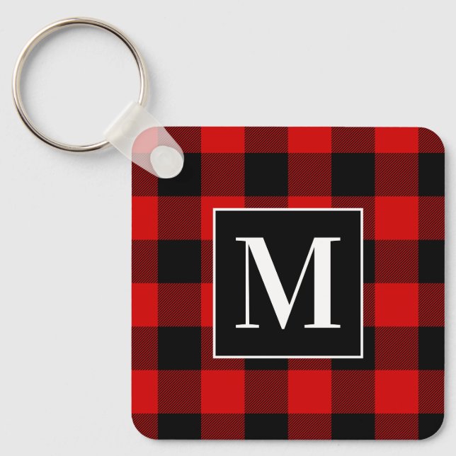 Llavero Estampado Plaid Búfalo Rojo y Negro Monogramado (Anverso)
