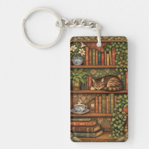 Llavero Estante de libros antiguos con gato y café