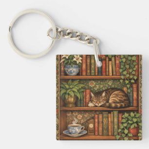 Llavero Estantería de libros antiguos con gato y café