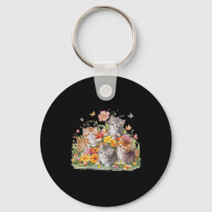 Llavero Estética Floral Vintage Pintada Gatitos Y Prensa