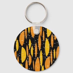 Llavero Estilo atómico, patrón geométrico naranja negro.