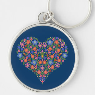 Llavero Estilo de arte folclórico Corazón floral Azul Keyc