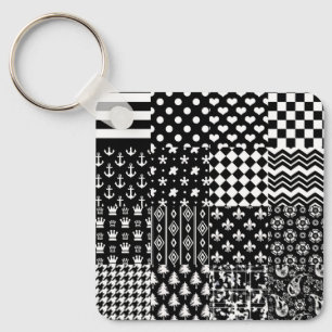 Llavero Estilo de patrón mixto blanco negro minimalista