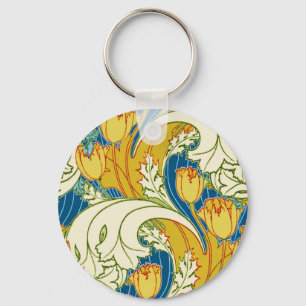 Llavero Estilo William Morris Tulipán Floral Teal y Dorado