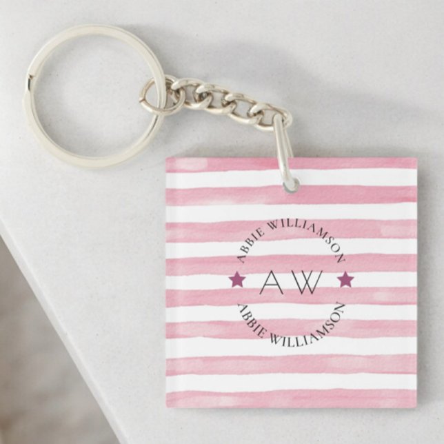 Llavero Estilosas franjas rosadas personalizadas (pink stripy monogram personalized keychain )
