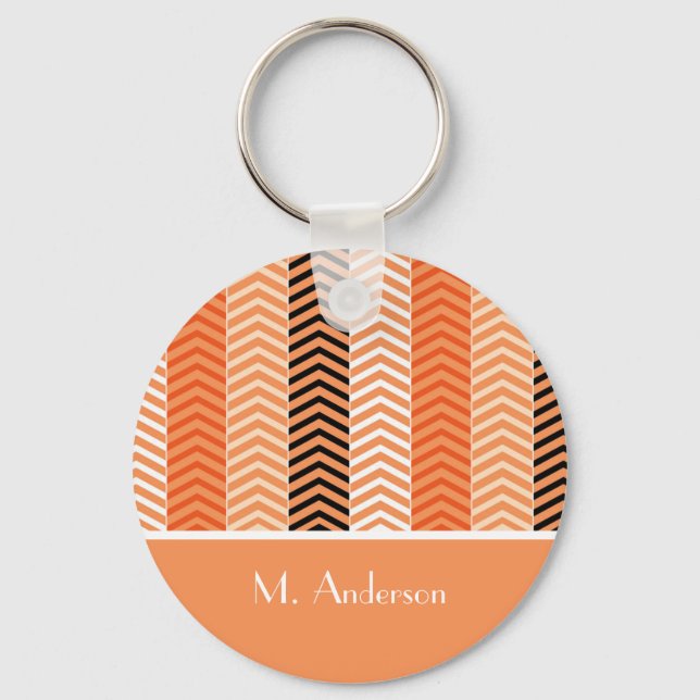 Llavero Estiloso Naranja Moderno Chevron Stripes Con Nombr (Anverso)