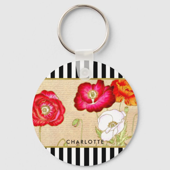Llavero Estiloso Red Poppy Floral Black Stripes Con Nombre (Anverso)