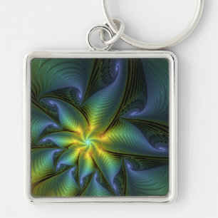 Llavero Estrella abstracta, brillante arte azul verde dora