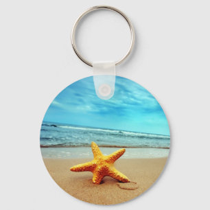 Llavero Estrella Del Mar En La Playa, Cielo Azul, Océano