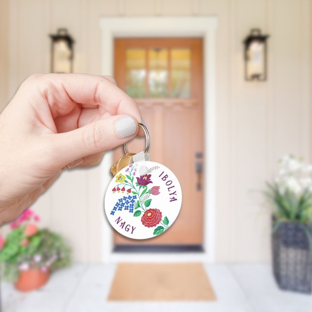 Llavero Estrella personalizada de flores de Kalocsai (Hungarian folk art flowers keychain design.)