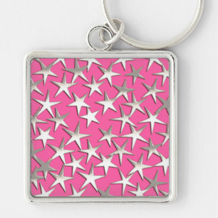 Llavero Estrellas plateadas en rosa fucsia