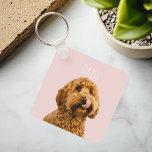 Llavero Estuche de teléfono rosa Pastel personalizado con<br><div class="desc">Lleva un trozo de tu amigo peludo donde sea que vayas con esta cadena de teclas rosa pastel personalizada. Con una foto de su amado perro y su nombre, esta cadena de claves de alta calidad añade un toque de encanto a sus llaves, bolso o mochila. El suave fondo rosa...</div>