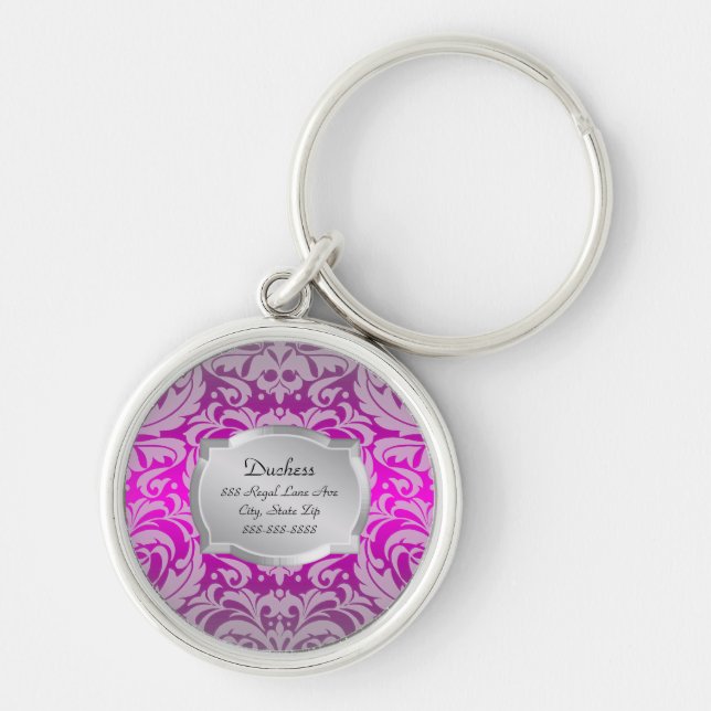 Llavero Etiqueta del mascota de duquesa Pink Damask Silver (Frente)