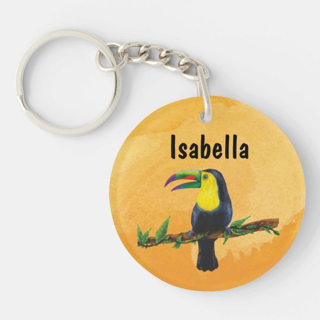 Llavero Exotischer Tucan mit Aquarell Hintergrund orange (Frente)