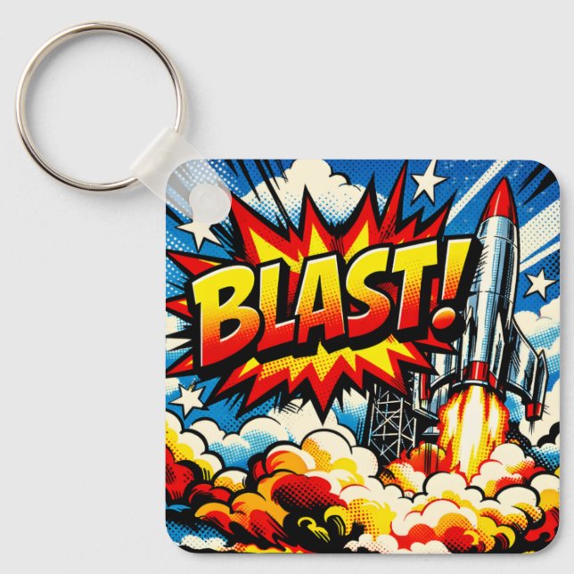 Llavero ¡EXPLOSIÓN! Cohete de arte pop retro (Anverso)