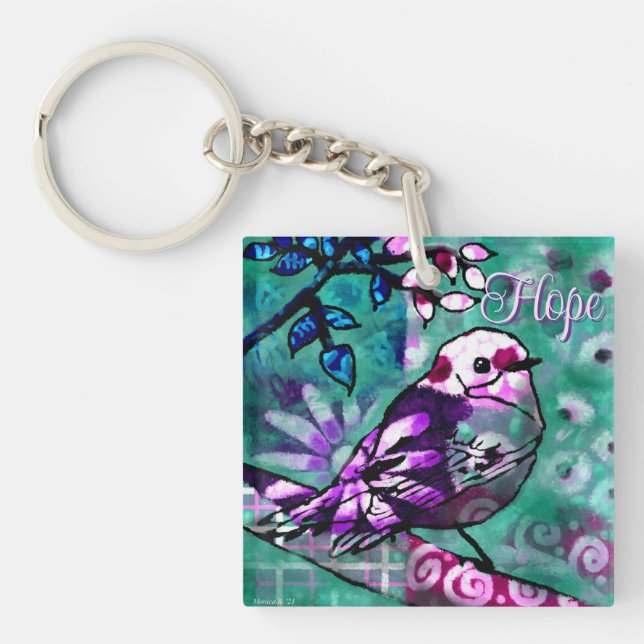Llavero Extraño Abstracto Pájaro Verde azulado Purple Flor (Frente)