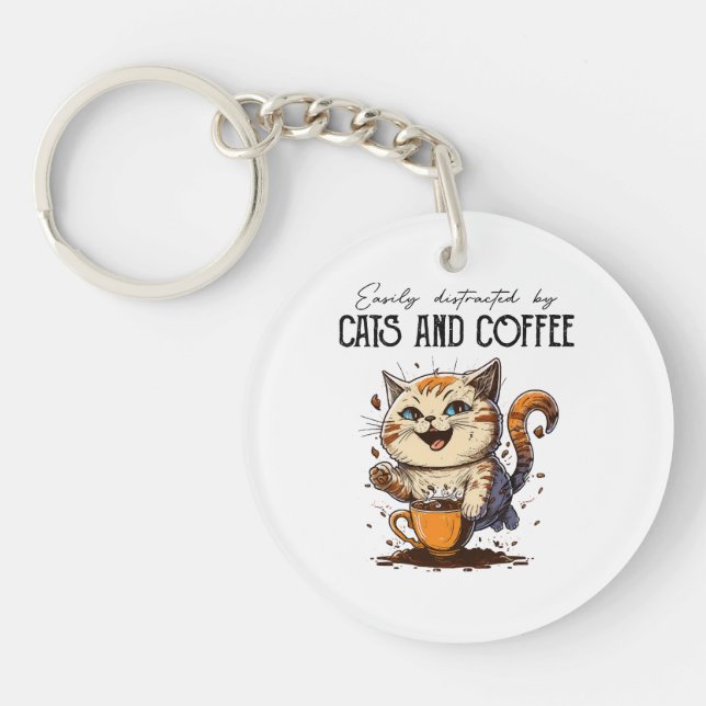 Llavero Fácilmente Distraído Por Gatos Y Gente De Café (Frente)
