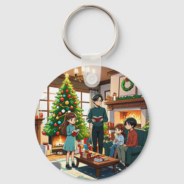 Llavero Familia alrededor de la chimenea en los Navidades (Anverso)