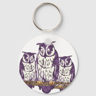 Llavero Familia de búhos geométricos con estilo morado