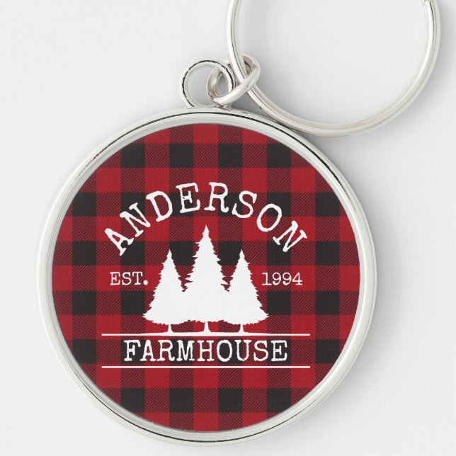 Llavero Familia Farmhouse Nombre Red Buffalo Plaid (Frente)