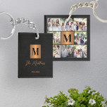 Llavero Familia monográfica<br><div class="desc">Elegante guión moderno monogramado inicial y emblemático nombre de familia personalizado personalizado 8 fotocuadrícula de teclado keepsake con un falso cuadrado metálico de cobre con letra inicial en un lado y 8 fotos en el trasero sobre un elegante fondo de cuero negro como (IMPRESIÓN TEXTURE).</div>
