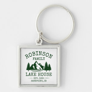 Llavero Family Name Lake House Forest Green Trees Silver