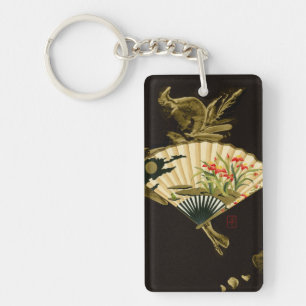 Llavero Fan oriental prensada con diseño floral