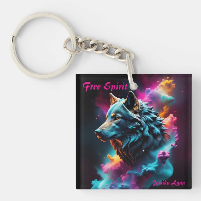 Llavero Fantasía cósmica surrealista Wolf Personalizado Re (Frente)