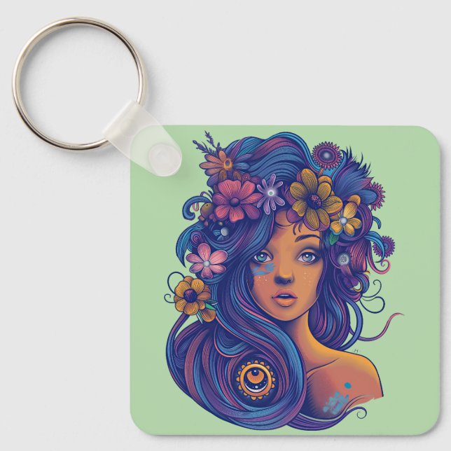 Llavero Fantasía de Boho con pelo floral (Anverso)