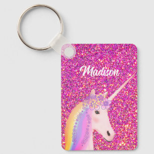 Llavero Fantasía de Purpurina rosa con unicornio arcoiris