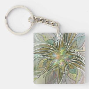 Llavero Fantasía floral arte fractal moderno flor con oro