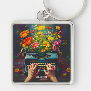 Llavero Fantasía, máquina de escribir, flor de manos