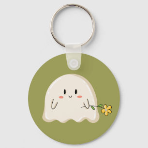 Llavero Fantasma Adorable Sosteniendo una Flor Amarilla
