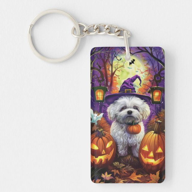Llavero Fantasma Bichon Frise Halloween Bruja Y Calabaza (Frente)